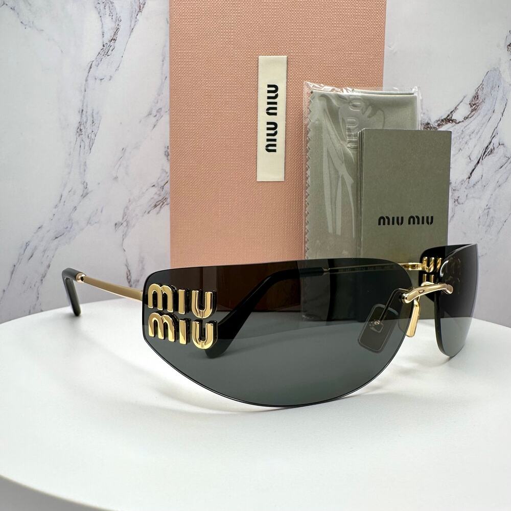 New MIU MIU Sunglasses Gold Dark Gray Lens Runway Wrap Rimless Authentic Miu Miu